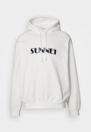White hoodie with a drawstring hood, ribbed cuffs, and hem. Features the text "SUNNEI" in bold navy lettering across the chest. Soft fabric finish.