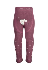 Violette Strumpfhosen aus Strick mit einem Mäusedesign auf der Rückseite, akzentuiert mit kleinen weißen Herzmustern. Weicher Stoff.