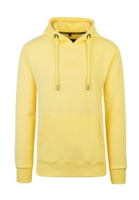 Gelbe Baumwoll-Hoodie mit einer vorderen Kängurutasche, Kordelzügen und gerippten Bündchen. Verfügt über ein Logo in einer helleren Farbnuance auf der Brust.