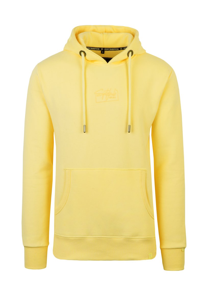 Gelbe Baumwoll-Hoodie mit einer vorderen Kängurutasche, Kordelzügen und gerippten Bündchen. Verfügt über ein Logo in einer helleren Farbnuance auf der Brust.