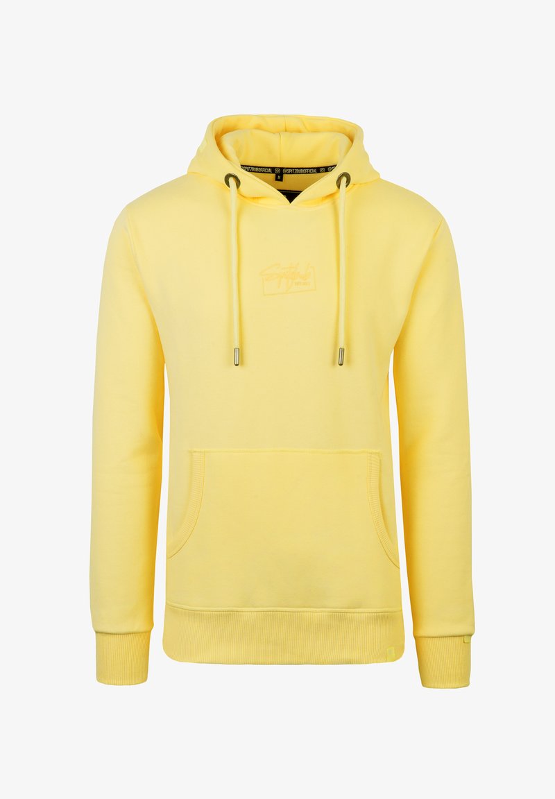 Gelbe Baumwoll-Hoodie mit einer vorderen Kängurutasche, Kordelzügen und gerippten Bündchen. Verfügt über ein Logo in einer helleren Farbnuance auf der Brust.