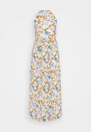 Florale maxi-jurk met halternek, versierd met blauwe bloemen en oranje bladeren op een witte achtergrond. Zachte stof met een vloeiende pasvorm.