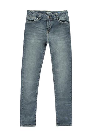 Dunkelblaue Denim-Jeans mit schmaler Passform, ausgestattet mit einem Knopfverschluss, fünf Taschen und dezentem Verblassen für ein getragenes Aussehen.