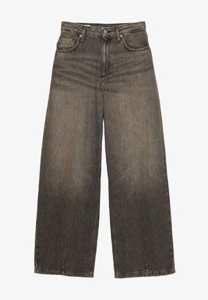 Široké denimové nohavice vo vybledlej čiernej farbe. Obsahujú päť vreciek, zapínanie na gombík a pútka na opasok. Mäkká textúra s miernym leskom.