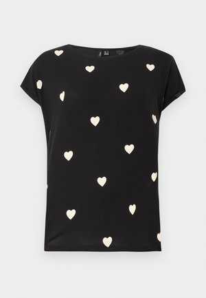 Črna majica s kratkimi rokavi in okroglim izrezom, okrašena z enakomerno razporejenimi majhnimi belimi srčki po celotnem blagu.