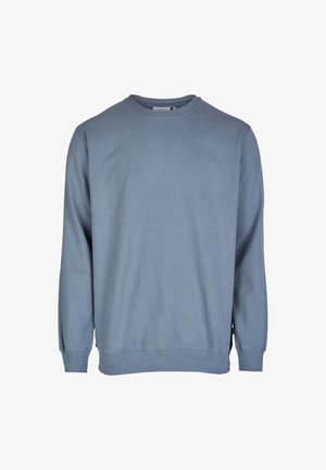 Blauer Baumwollpullover mit Rundhalsausschnitt, langen Ärmeln und gerippten Bündchen. Verfügt über ein kleines Logo auf der Brust. Sanfte Textur.