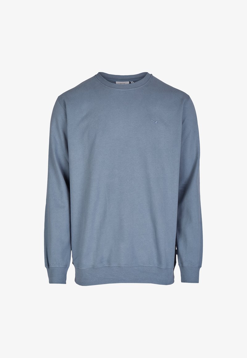 Blauer Baumwollpullover mit Rundhalsausschnitt, langen Ärmeln und gerippten Bündchen. Verfügt über ein kleines Logo auf der Brust. Sanfte Textur.