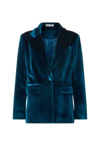 Samtblazer in Türkis mit Reverskragen, Ein-Knopf-Verschluss und zwei Vorderentaschen. Weiche Textur mit glattem Innenfutter.