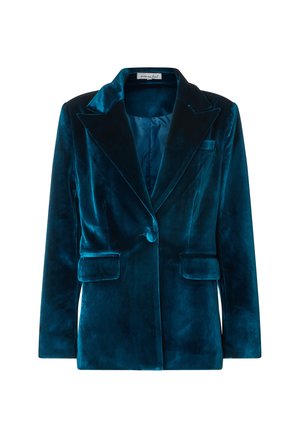 Samtblazer in Türkis mit Reverskragen, Ein-Knopf-Verschluss und zwei Vorderentaschen. Weiche Textur mit glattem Innenfutter.