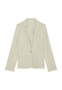 Beżowy blezer wykonany z miękkiej tkaniny, z jednym przednim guzikiem, klapami z wcięciem oraz dwoma przednimi kieszeniami, bez widocznych wzorów.