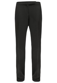 Pantalon noir sur mesure, en tissu lisse, à coupe droite et devant plat. Pas de poches visibles ni d'ornements.