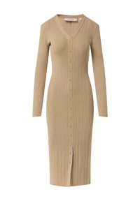 Beige Rippstrickkleid mit langen Ärmeln, V-Ausschnitt, Frontknöpfen und knielanger Länge. Verfügt über eine dezente vertikale Textur und einen seitlichen Schlitz.