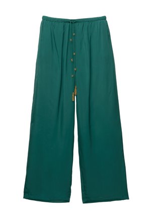 Wide-leg pants made of soft, flowing fabric. They are teal with a drawstring waist and decorative gold-tone buttons along the front.