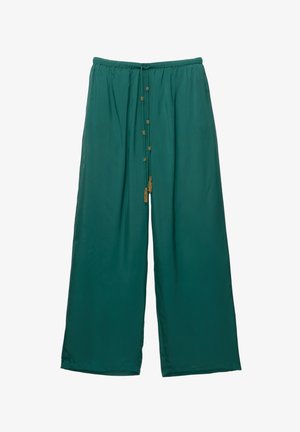 Széles lábú nadrág puha, folyékony anyagból. Zöldeskék színű, húzózsinóros derékkal és díszes aranyszínű gombokkal az elején.