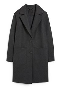 Cappotto in misto lana grigio scuro con colletto a punta, due tasche frontali e chiusura a un solo bottone. Tessuto morbido e silhouette tailored.
