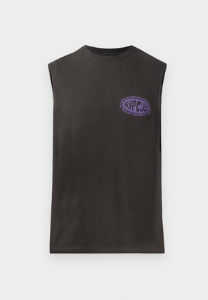 Mouwloze zwarte t-shirt van katoen, met een paarse grafische logo op de linkerborst, heeft een ronde halslijn en een relaxed fit.