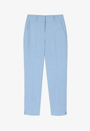 Světlomodré upravené kalhoty s bočními kapsami, jemnou texturou, rovnými nohavicemi a rozparkovými lemy pro snadný pohyb.