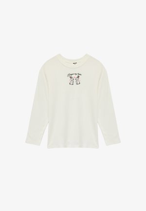 Langemouwige, crèmekleurige t-shirt van zachte stof met een voorzijde borduursel van twee konijnen en de tekst "Vergeef me mijn schatje."