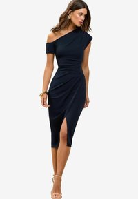 OFF THE SHOULDER GATHERED WAIST - Jersey dress - navy blue