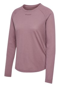 Langärmliges Sportoberteil in hellem Mauve mit strukturierter Stoffoberfläche. Verfügt über Raglanärmel und einen runden Halsausschnitt mit einem kleinen Logo auf der Brust.