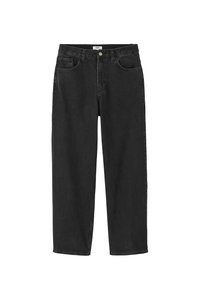 Jean en denim noir à coupe décontractée, avec une fermeture à bouton et zip, des poches avant et une coupe droite.