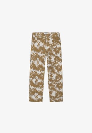 Bež in beli patterned hlače s ravnim krojem, ki so narejene iz teksturiranega materiala in imajo klasičen pet žepni stil.