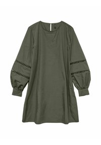 Groene katoenen jurk met lange pofmouwen, voorzien van decoratieve uitsparingen op de mouwen en een ritssluiting aan de achterkant.