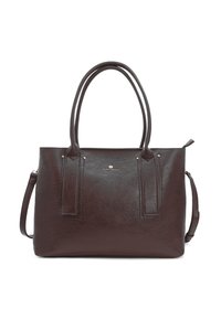 Borsa a tracolla in pelle marrone con due manici superiori e una tracolla removibile. Presenta una texture liscia e accessori in metallo dorato.