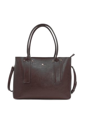 Borsa a tracolla in pelle marrone con due manici superiori e una tracolla removibile. Presenta una texture liscia e accessori in metallo dorato.
