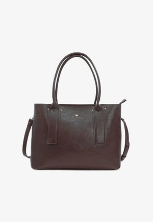 Borsa a tracolla in pelle marrone con due manici superiori e una tracolla removibile. Presenta una texture liscia e accessori in metallo dorato.