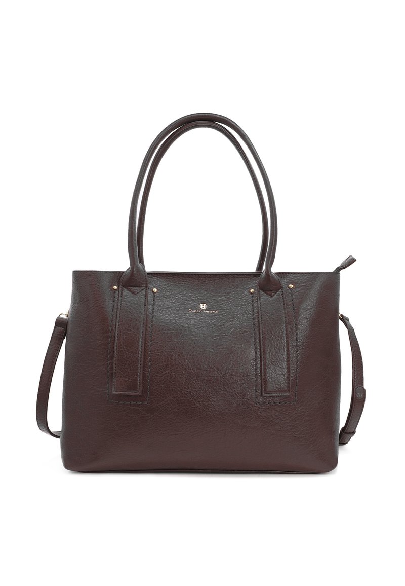 Borsa a tracolla in pelle marrone con due manici superiori e una tracolla removibile. Presenta una texture liscia e accessori in metallo dorato.