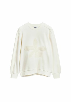 Cremfarbener Sweatshirt mit strukturiertem Blumenmuster auf der Vorderseite, gerippten Bündchen und relaxed Fit. Mit gestrickten Akzenten an den Schultern.
