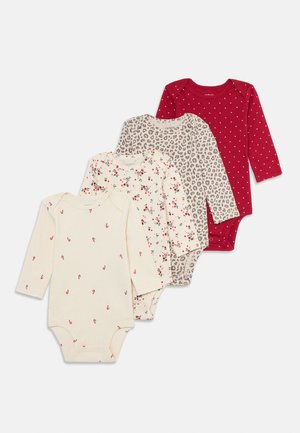Set of four long-sleeve baby bodysuits in cotton. Colors include cream, beige with floral pattern, leopard print, and red with white polka dots.