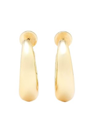 Gyldne øreringe med et glat, buet design. Den polerede overflade reflekterer lyset og har afrundede ender samt sikre stifter.