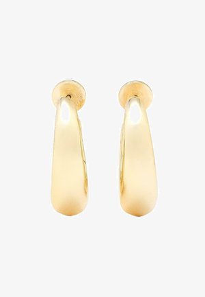 Boucles d'oreilles dorées à la conception lisse et courbée. La surface polie reflète la lumière, avec des extrémités arrondies et des tiges sécurisées.