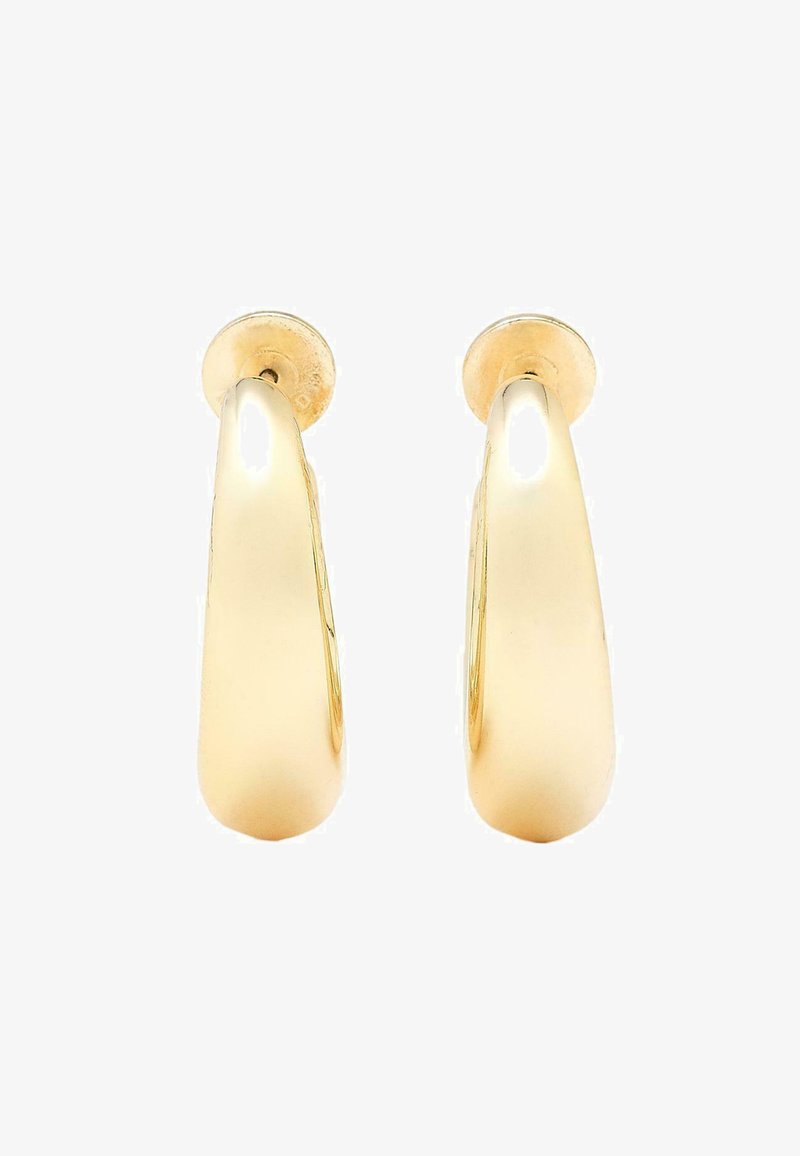 Gouden oorbellen met een gladde, gebogen vorm. Het gepolijste oppervlak weerkaatst licht en heeft afgeronde uiteinden en stevige stekertjes.