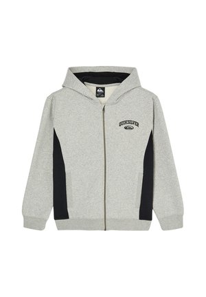 Sweat à capuche gris clair zippé avec panneaux latéraux noirs, logo Quiksilver sur la poitrine gauche et capuche fixée.