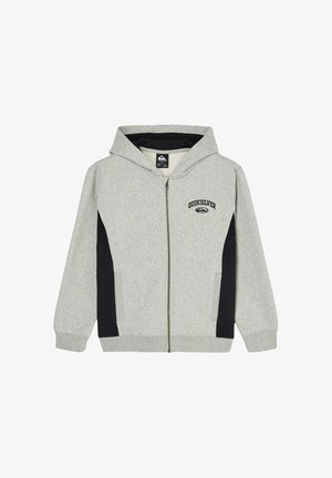 Light gray zip-up hoodie with black side panels, Quiksilver logo on the left chest, and attached hood.