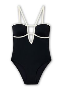 Maillot de bain une pièce noir avec un décolleté en V plongeant, des accents blancs et des bretelles spaghetti réglables pour un ajustement parfait. Tissu doux au toucher.