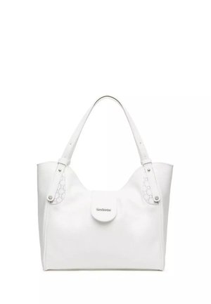 Borsa tote media in pelle bianca con doppia tracolla e chiusura frontale a patta con piccola targhetta metallica con logo.