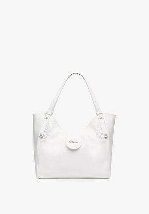 Borsa tote media in pelle bianca con doppia tracolla e chiusura frontale a patta con piccola targhetta metallica con logo.