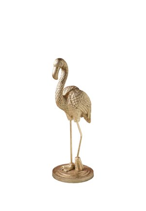 Dekorative metallische Flamingo-Skulptur mit detaillierten Federn, die auf einer runden Basis mit einem angewinkelten Bein steht.