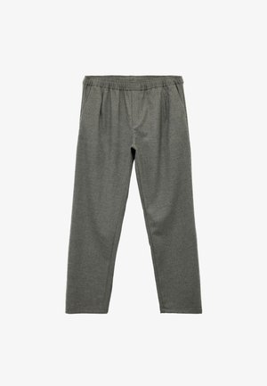 Grijze, gestructureerde stoffen broek met een elastische tailleband, voorzien van voorplooien en een relaxed fit, ontworpen voor comfort en veelzijdigheid.