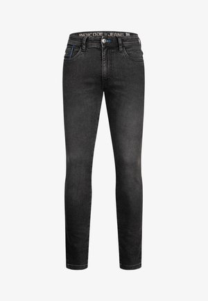 Black slim-fit jeans made from denim, featuring a classic five-pocket design and a blue accent stitching on the back pocket.