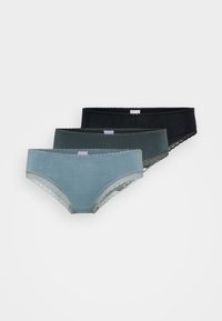 Set of three panties in blue, dark green, and black. Made of soft fabric with lace trim along the waistband for detail and comfort.