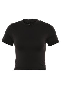 Černé krátké tričko s krátkými rukávy vyrobené z elastické látky; disponuje kulatým výstřihem a minimem švů pro elegantní vzhled.