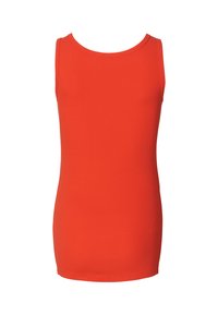 Czerwona, bezrękawnikowa bluzka typu tank top wykonana z materiału żebrowanego; ma okrągły dekolt i dopasowany kształt, o gładkiej teksturze.
