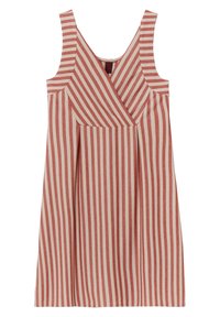 Robe rayée en rose et crème, avec un décolleté en V, des bretelles larges et un détail plissé à l'avant. Fabriquée dans un tissu texturé.