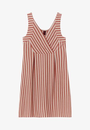 Gestreiftes Kleid in Pink und Creme mit V-Ausschnitt, breiten Trägern und plissiertem Vorderteil. Hergestellt aus einem strukturierten Stoff.