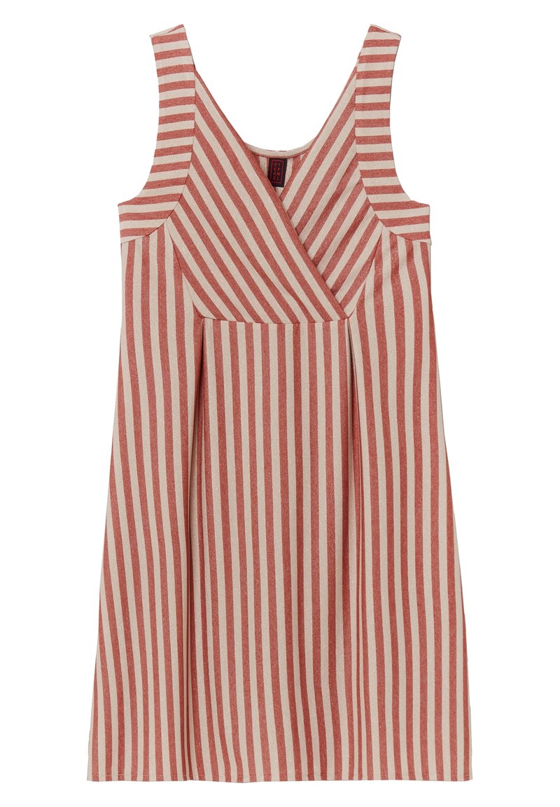 Robe rayée en rose et crème, avec un décolleté en V, des bretelles larges et un détail plissé à l'avant. Fabriquée dans un tissu texturé.